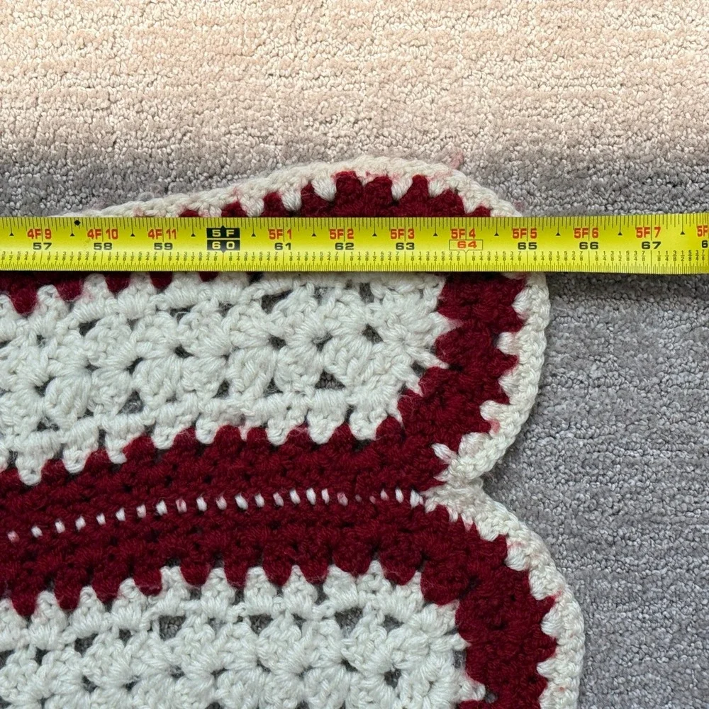 Handmade Unisex Vintage Crochet Afghan Striped Scalloped 45x64‎ Red Cream Knit